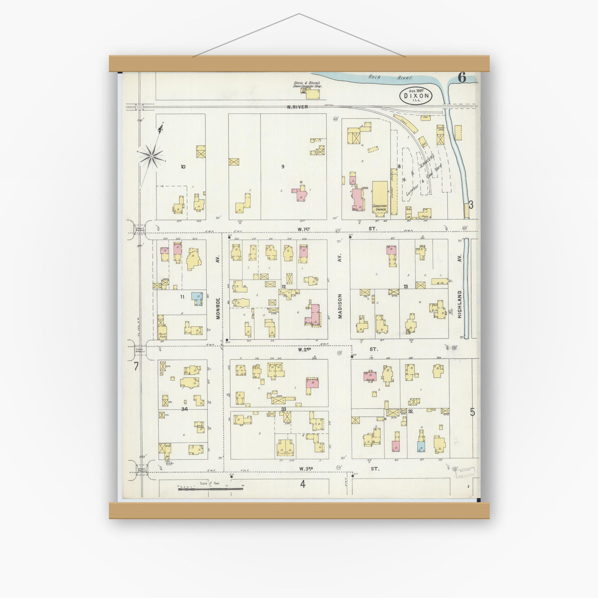 Old map wall art mockup — magnetic wood frame on white wall — Sanborn Fire Insurance Map from Dixon, Lee County, Illinois (1897), Sheet #0006