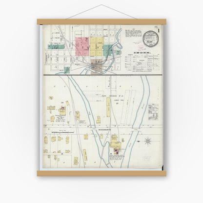Old map wall art mockup — magnetic wood frame on white wall — Sanborn Fire Insurance Map from Alma, Gratiot County, Michigan (1896), Sheet #0001