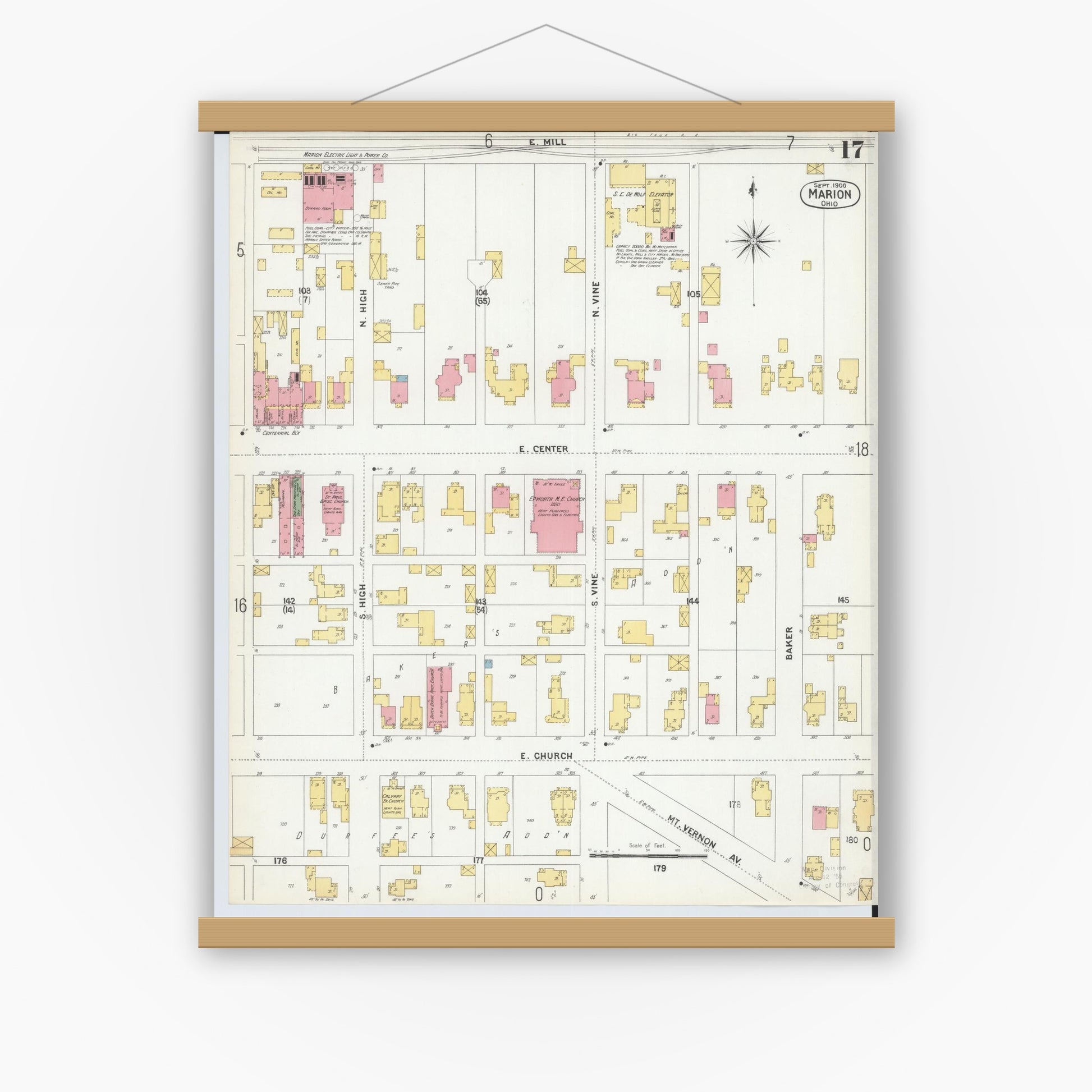 Old map wall art mockup — magnetic wood frame on white wall — Sanborn Fire Insurance Map from Marion, Marion County, Ohio (1900), Sheet #0017