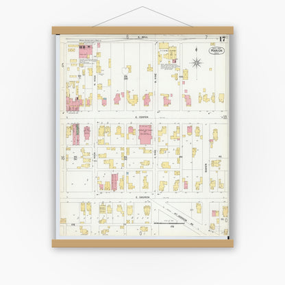 Old map wall art mockup — magnetic wood frame on white wall — Sanborn Fire Insurance Map from Marion, Marion County, Ohio (1900), Sheet #0017