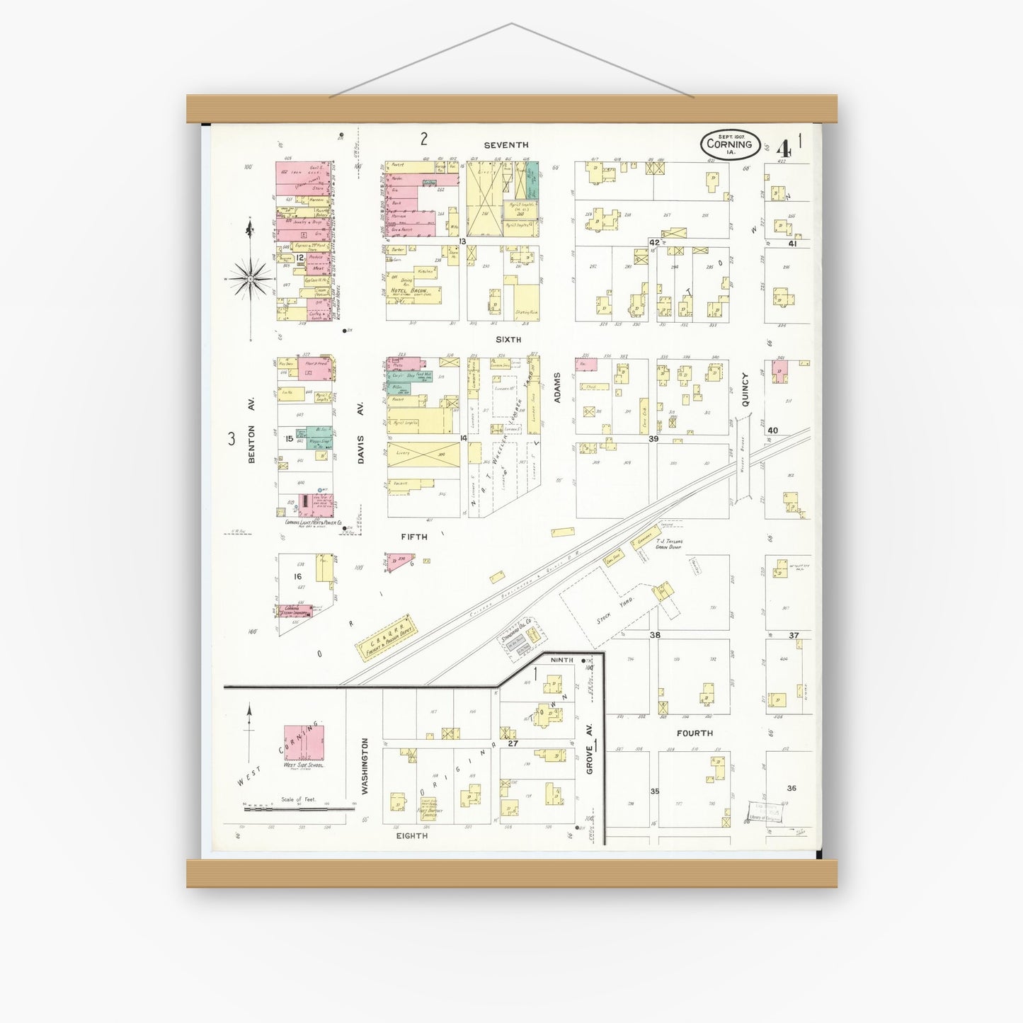 Old map wall art mockup — magnetic wood frame on white wall — Sanborn Fire Insurance Map from Corning, Adams County, Iowa (1907), Sheet #0004