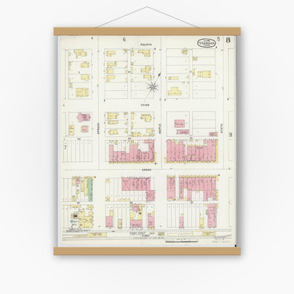 Old map wall art mockup — magnetic wood frame on white wall — Sanborn Fire Insurance Map from Texarkana, Bowie County, Texas (1896), Sheet #0008