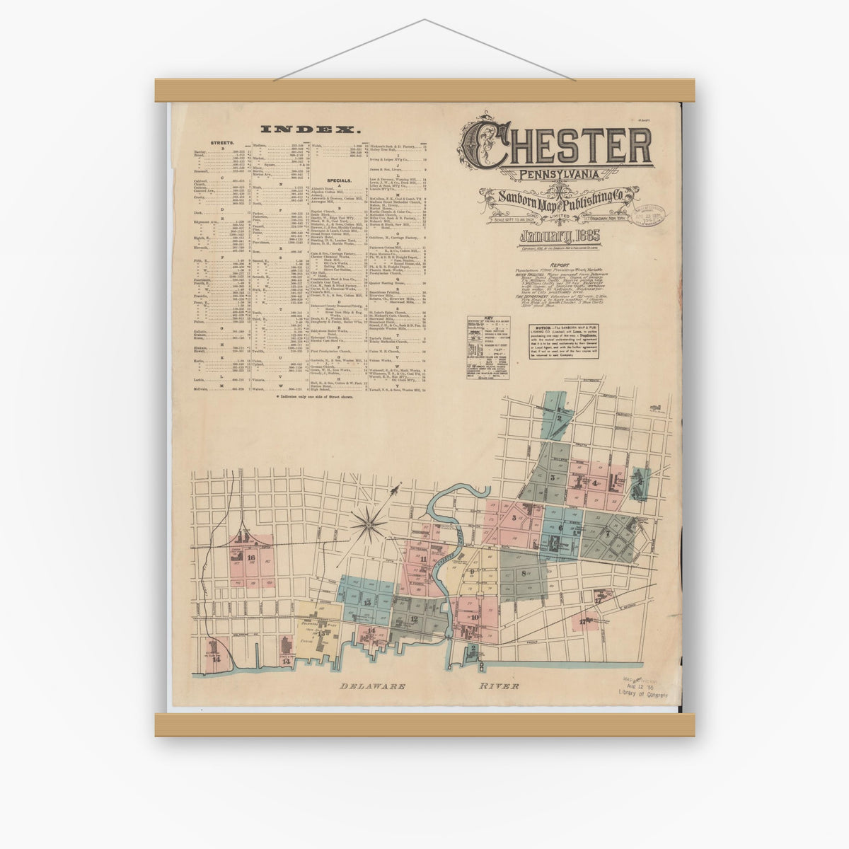 Old map wall art mockup — magnetic wood frame on white wall — Sanborn Fire Insurance Map from Chester, Delaware County, Pennsylvania (1885), Sheet #0001
