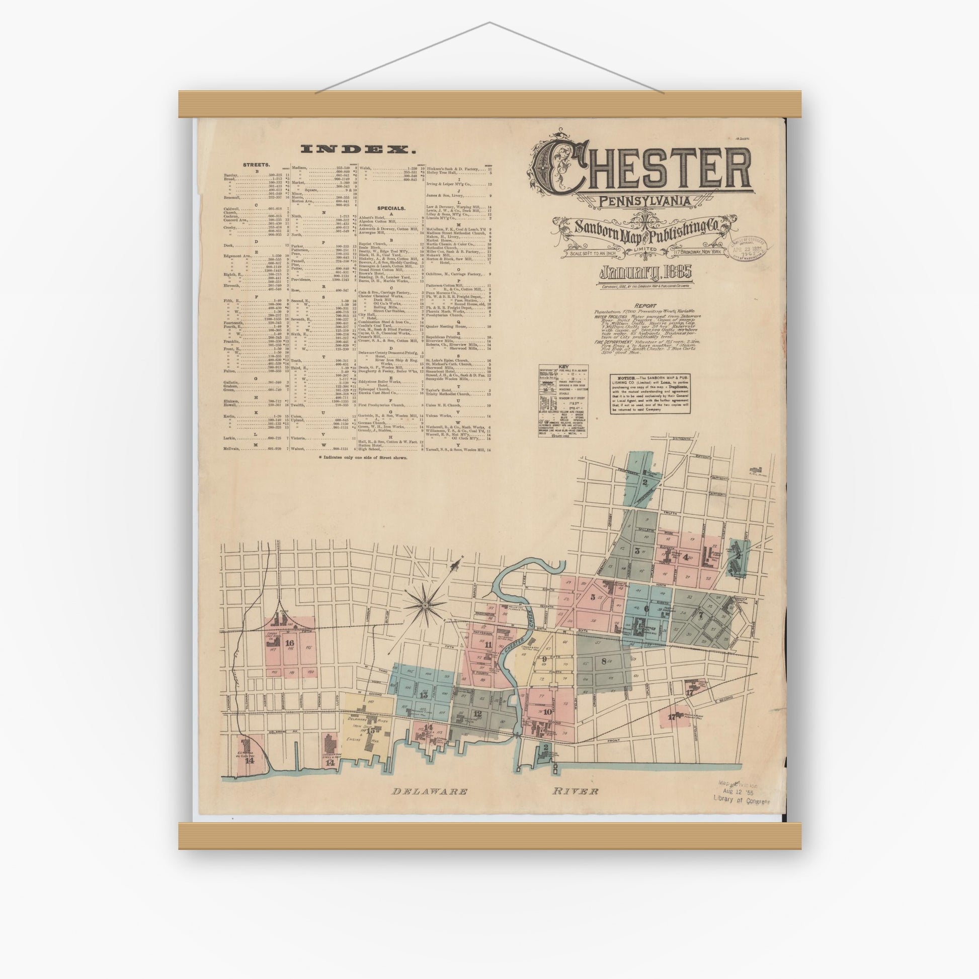 Old map wall art mockup — magnetic wood frame on white wall — Sanborn Fire Insurance Map from Chester, Delaware County, Pennsylvania (1885), Sheet #0001
