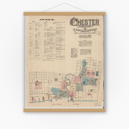 Old map wall art mockup — magnetic wood frame on white wall — Sanborn Fire Insurance Map from Chester, Delaware County, Pennsylvania (1885), Sheet #0001