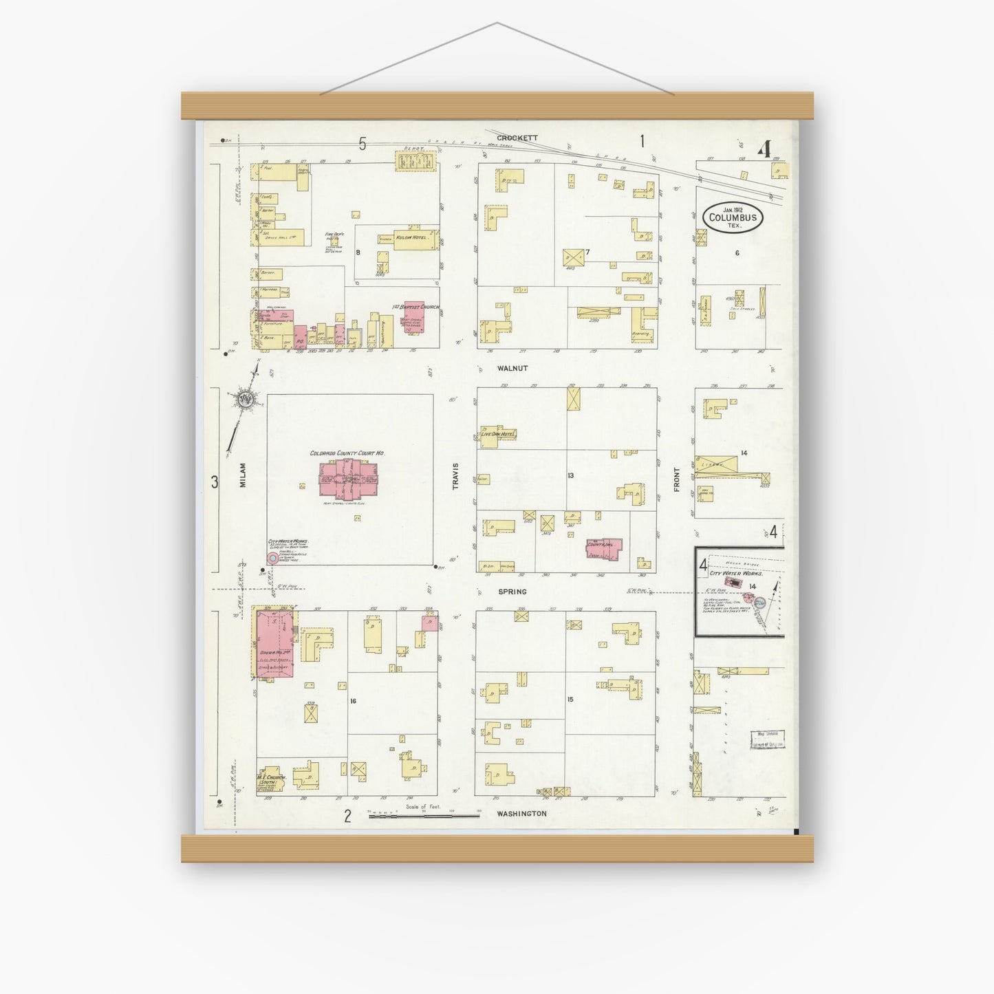 Old map wall art mockup — magnetic wood frame on white wall — Sanborn Fire Insurance Map from Columbus, Colorado County, Texas (1912), Sheet #0004
