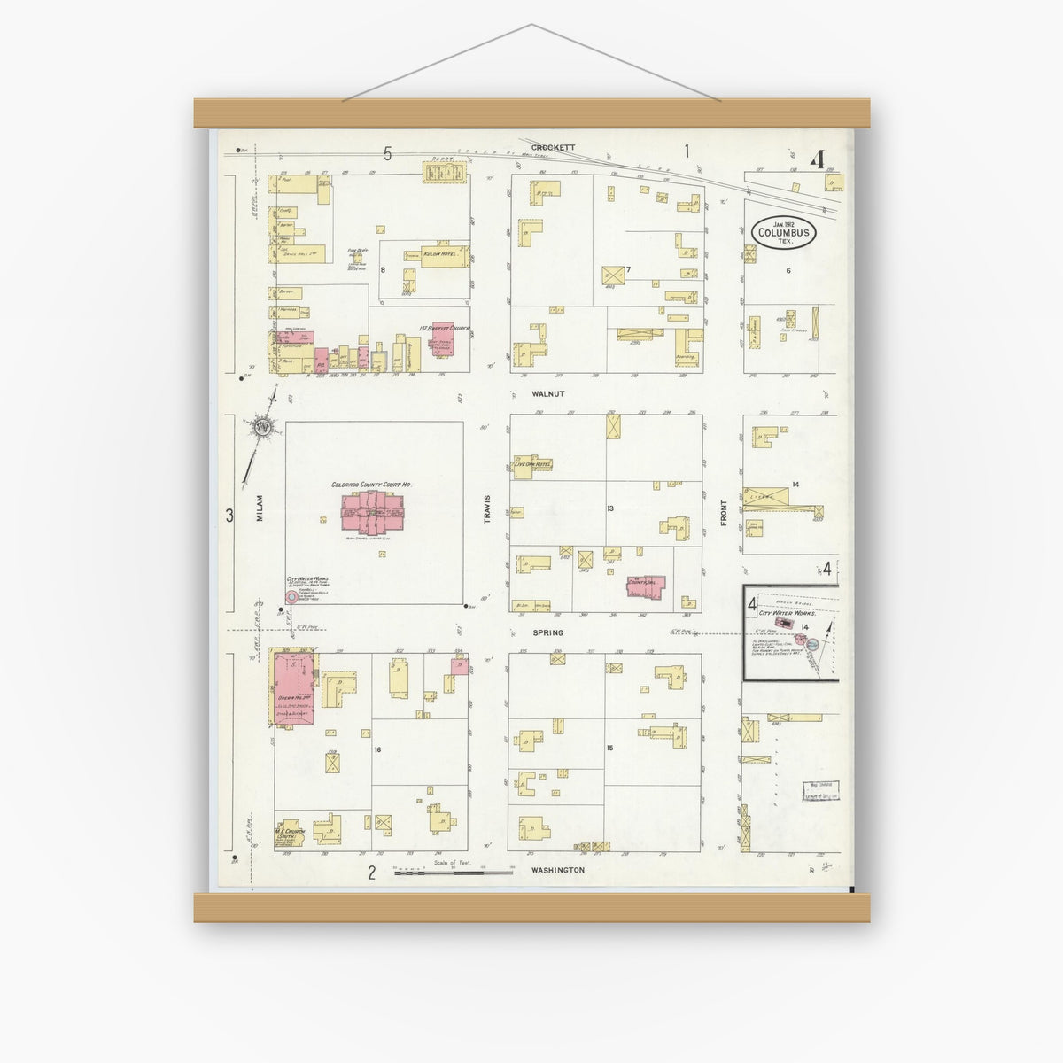 Old map wall art mockup — magnetic wood frame on white wall — Sanborn Fire Insurance Map from Columbus, Colorado County, Texas (1912), Sheet #0004