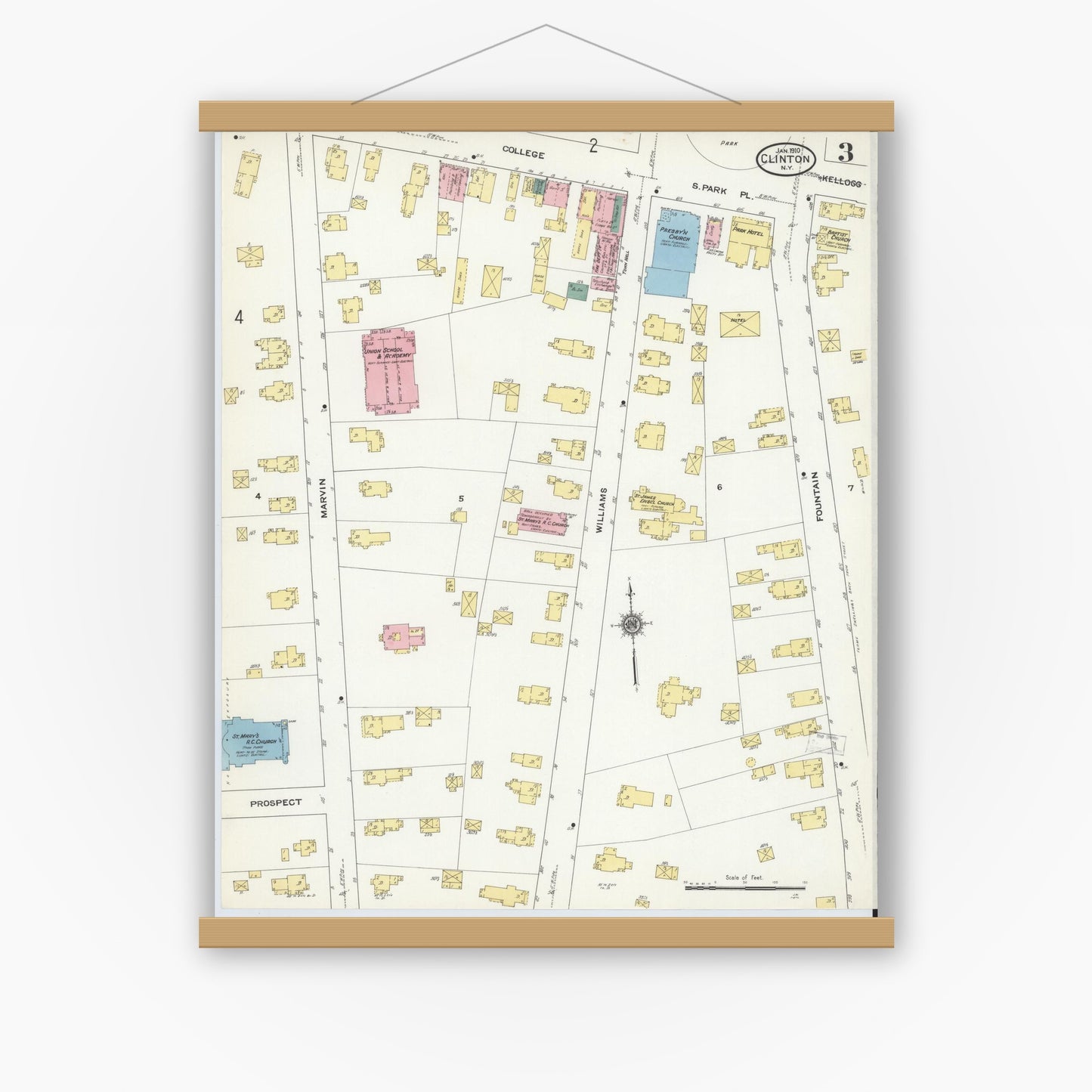 Old map wall art mockup — magnetic wood frame on white wall — Sanborn Fire Insurance Map from Clinton, Oneida County, New York (1910), Sheet #0003