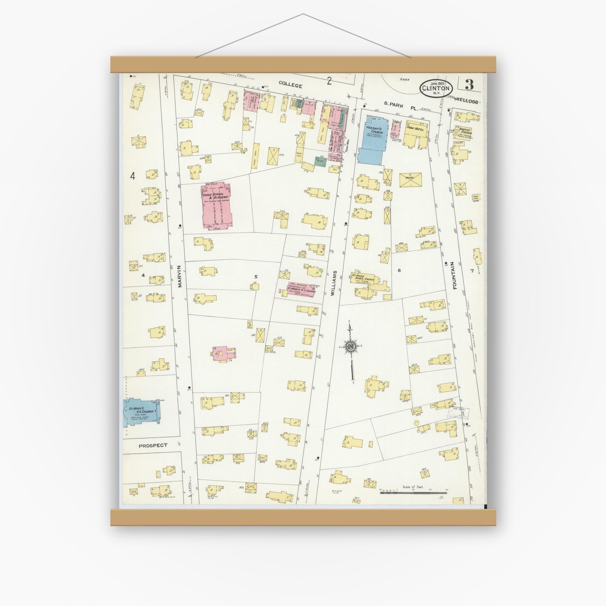 Old map wall art mockup — magnetic wood frame on white wall — Sanborn Fire Insurance Map from Clinton, Oneida County, New York (1910), Sheet #0003