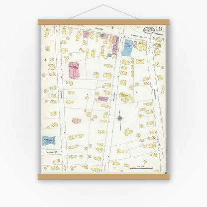 Old map wall art mockup — magnetic wood frame on white wall — Sanborn Fire Insurance Map from Clinton, Oneida County, New York (1910), Sheet #0003