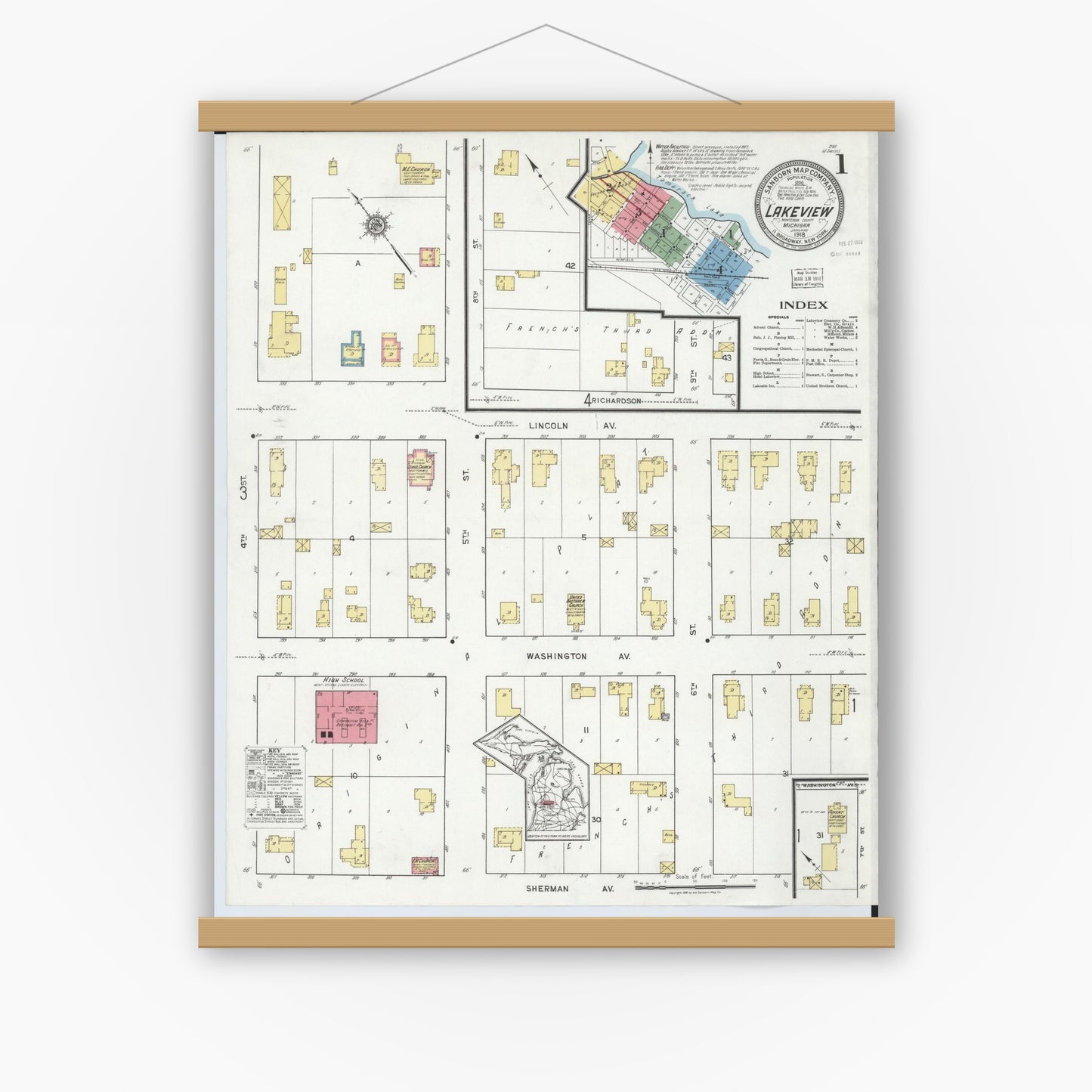 Old map wall art mockup — magnetic wood frame on white wall — Sanborn Fire Insurance Map from Lakeview, Montcalm County, Michigan (1918) - Complete Map Set