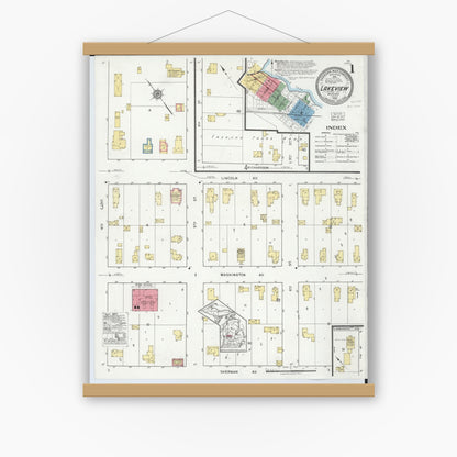 Old map wall art mockup — magnetic wood frame on white wall — Sanborn Fire Insurance Map from Lakeview, Montcalm County, Michigan (1918) - Complete Map Set