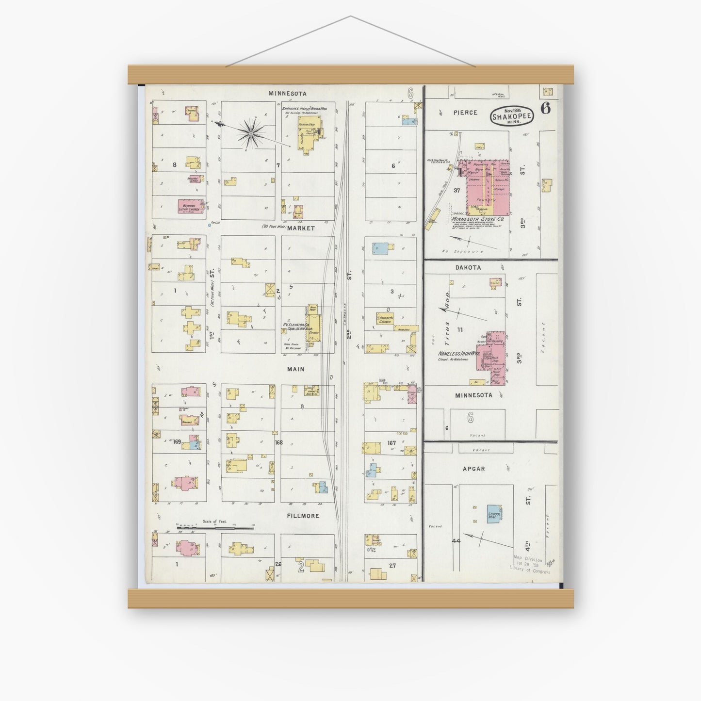 Old map wall art mockup — magnetic wood frame on white wall — Sanborn Fire Insurance Map from Shakopee, Scott County, Minnesota (1895), Sheet #0006