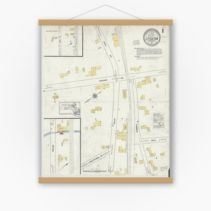 Old map wall art mockup — magnetic wood frame on white wall — Sanborn Fire Insurance Map from Littleton, Middlesex County, Massachusetts (1917), Sheet #0001