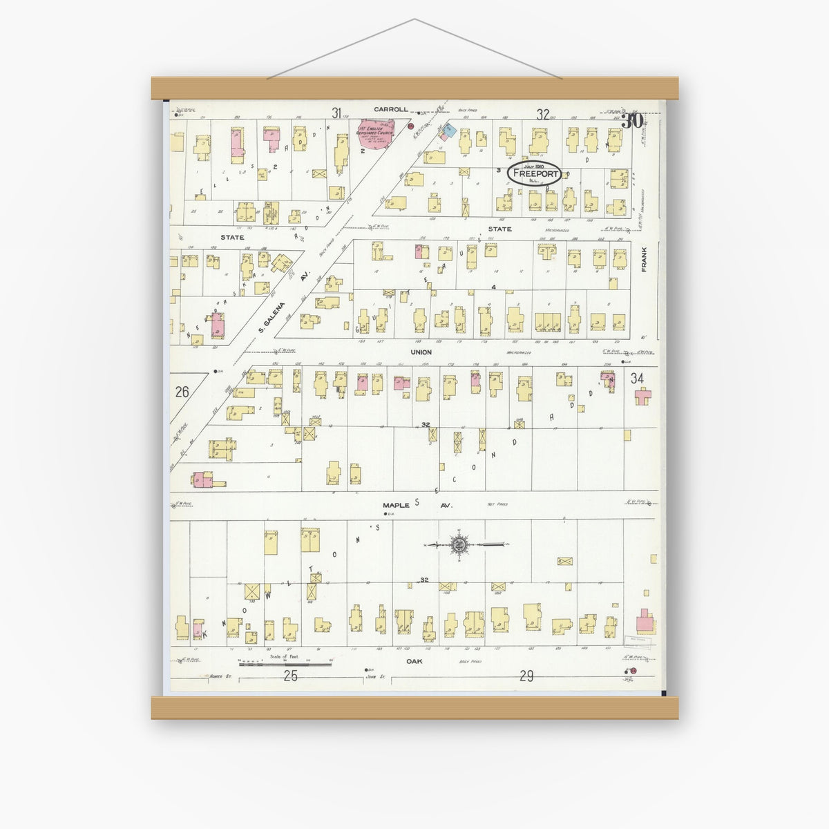 Old map wall art mockup — magnetic wood frame on white wall — Sanborn Fire Insurance Map from Freeport, Stephenson County, Illinois (1910), Sheet #0030
