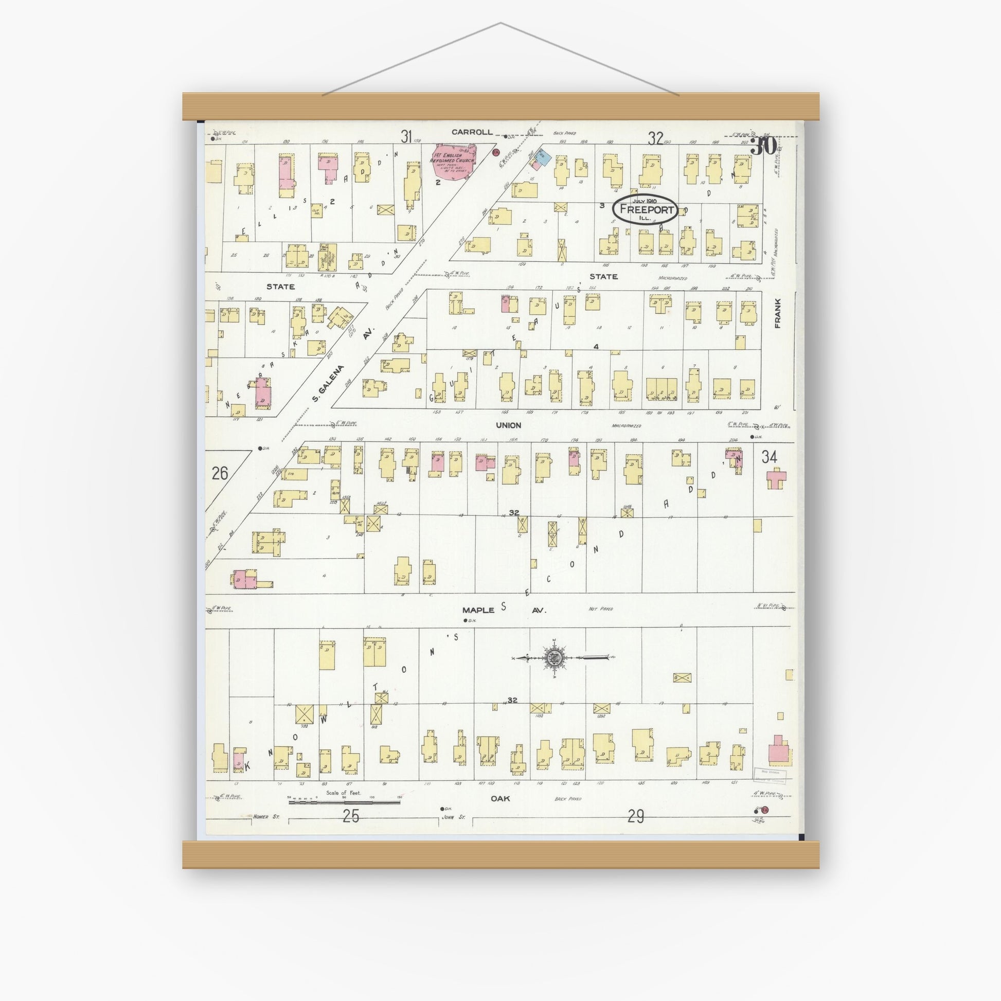 Old map wall art mockup — magnetic wood frame on white wall — Sanborn Fire Insurance Map from Freeport, Stephenson County, Illinois (1910), Sheet #0030