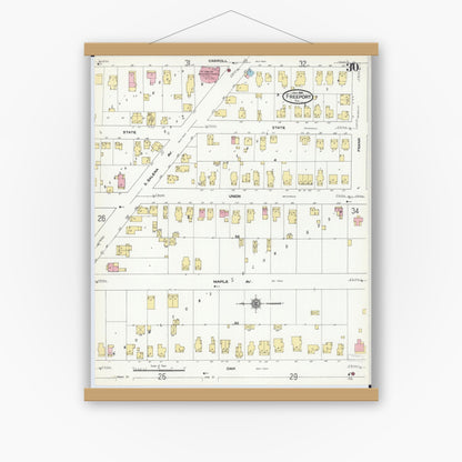 Old map wall art mockup — magnetic wood frame on white wall — Sanborn Fire Insurance Map from Freeport, Stephenson County, Illinois (1910), Sheet #0030