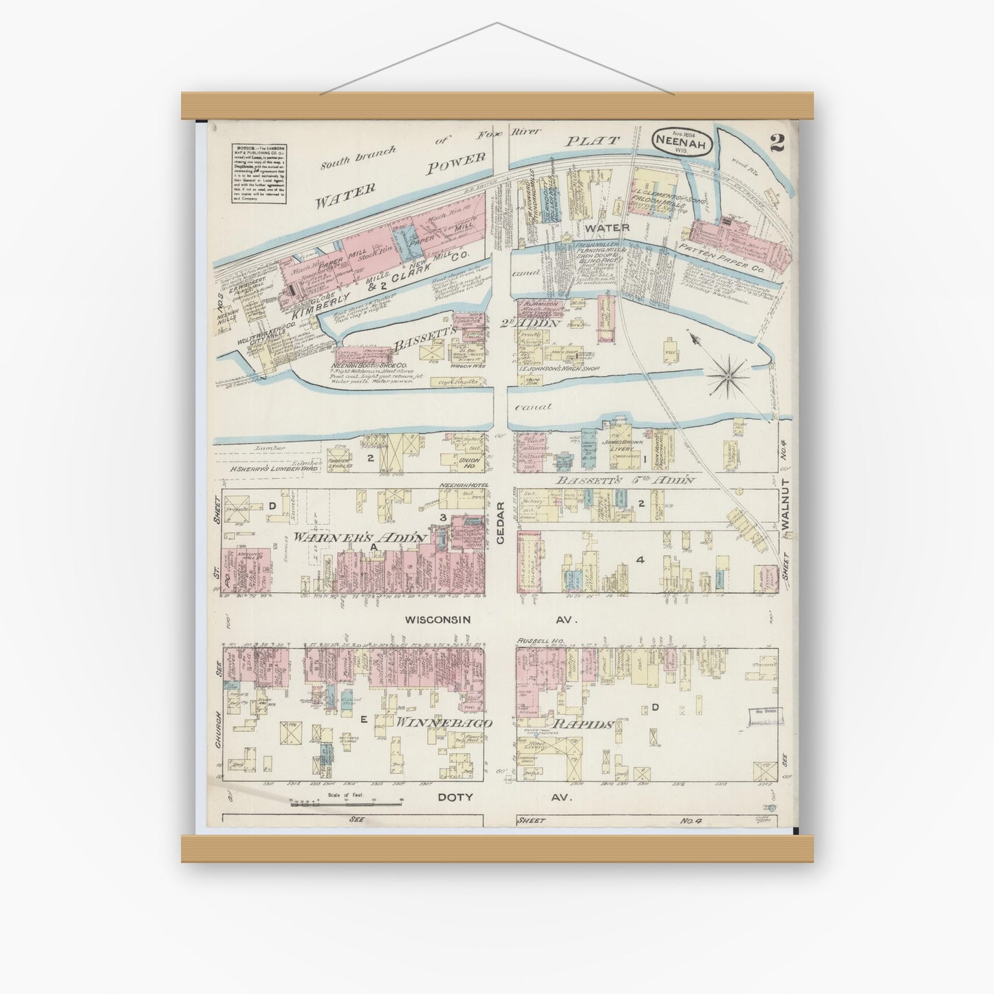Old map wall art mockup — magnetic wood frame on white wall — Sanborn Fire Insurance Map from Neenah, Winnebago County, Wisconsin (1884), Sheet #0002