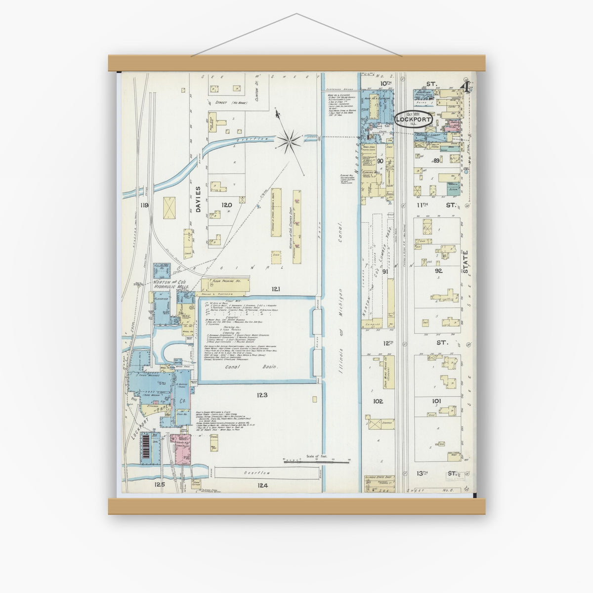 Old map wall art mockup — magnetic wood frame on white wall — Sanborn Fire Insurance Map from Lockport, Will County, Illinois (1891), Sheet #0004