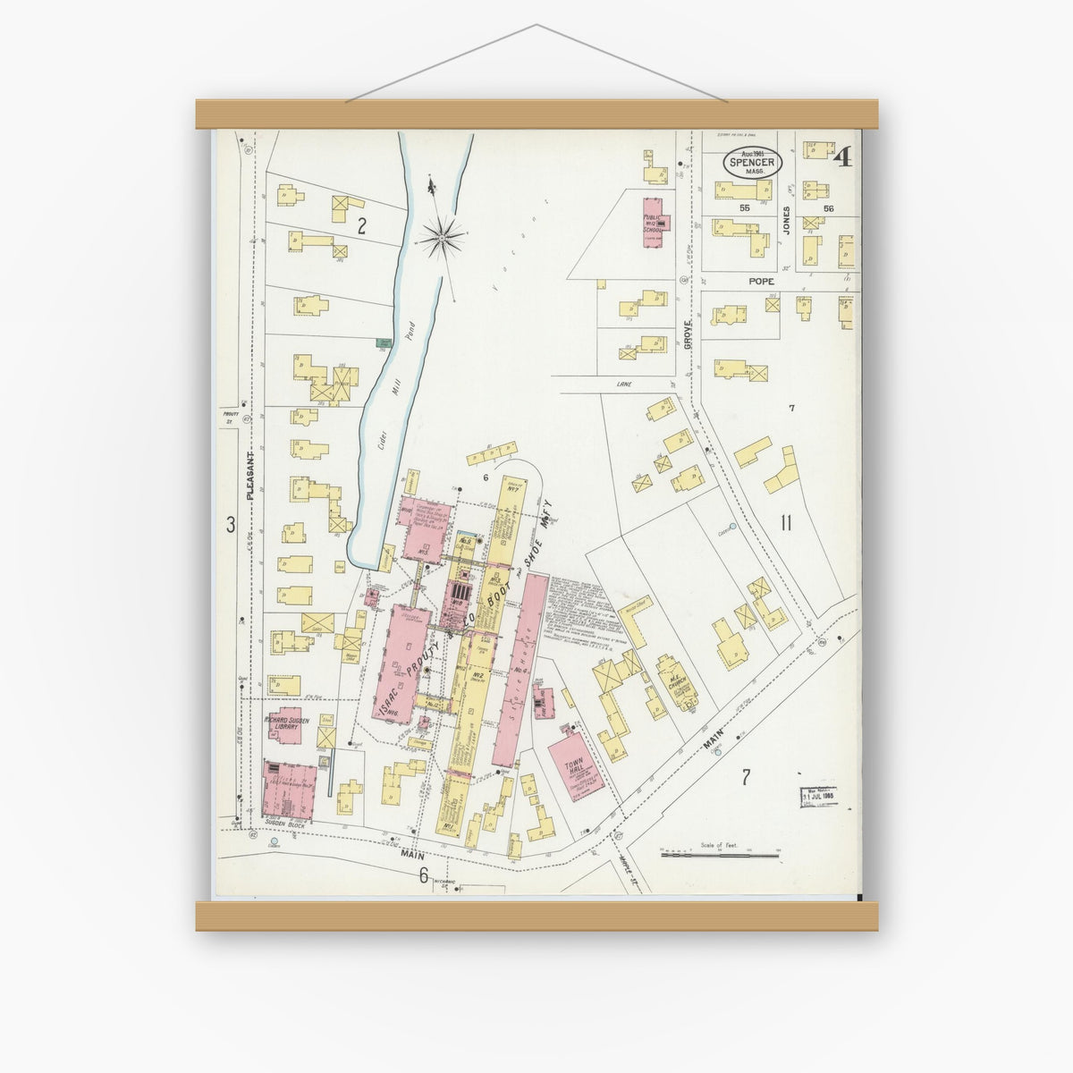 Old map wall art mockup — magnetic wood frame on white wall — Sanborn Fire Insurance Map from Spencer, Worcester County, Massachusetts (1901), Sheet #0004