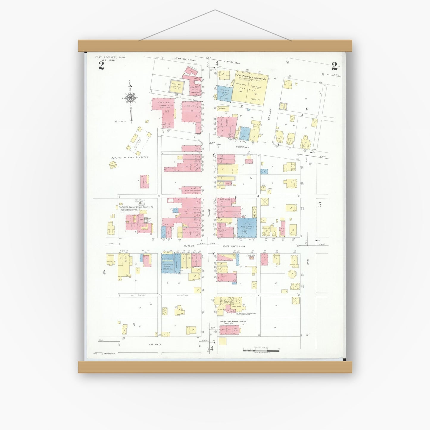 Old map wall art mockup — magnetic wood frame on white wall — Sanborn Fire Insurance Map from Fort Recovery, Mercer County, Ohio (1946), Sheet #0002