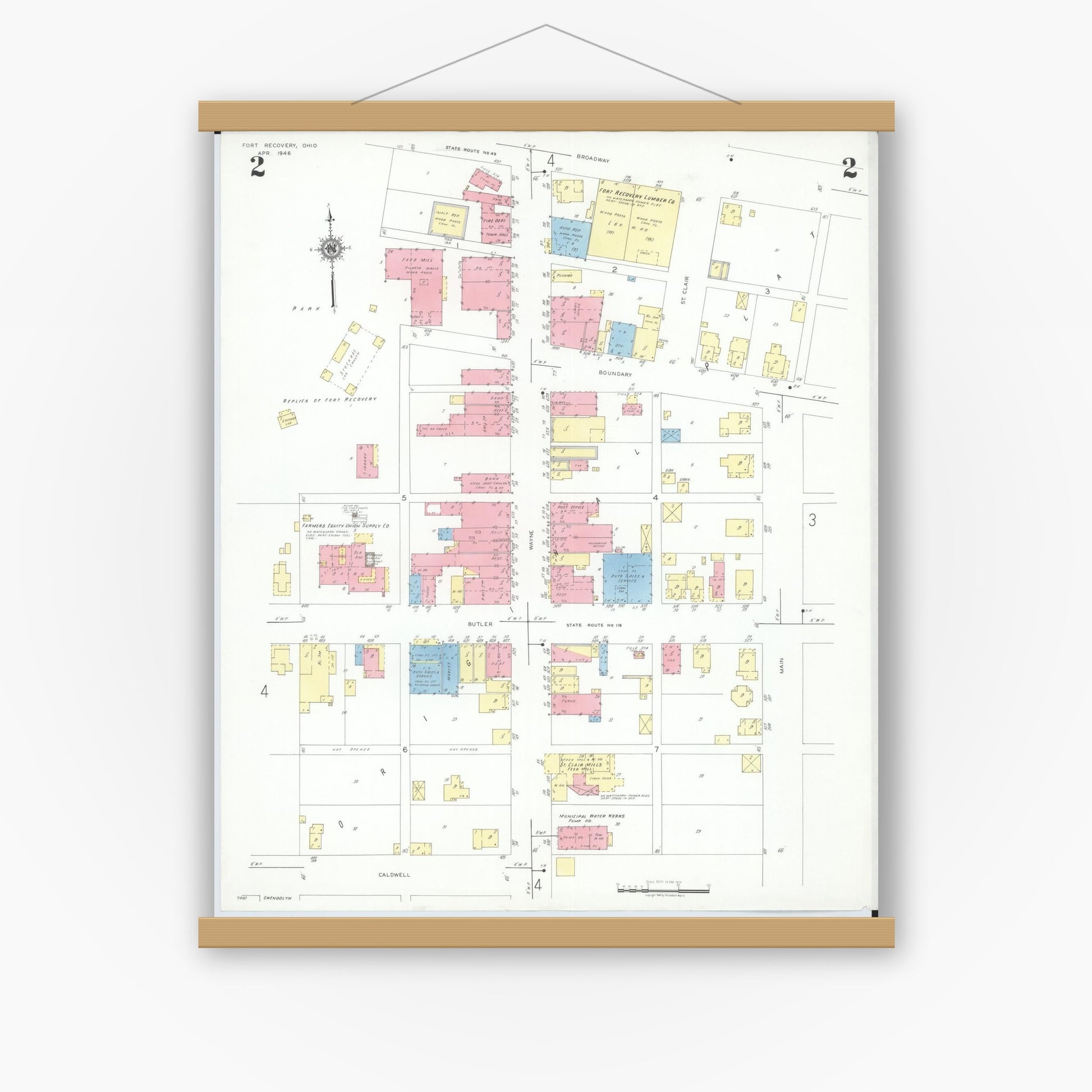 Old map wall art mockup — magnetic wood frame on white wall — Sanborn Fire Insurance Map from Fort Recovery, Mercer County, Ohio (1946), Sheet #0002