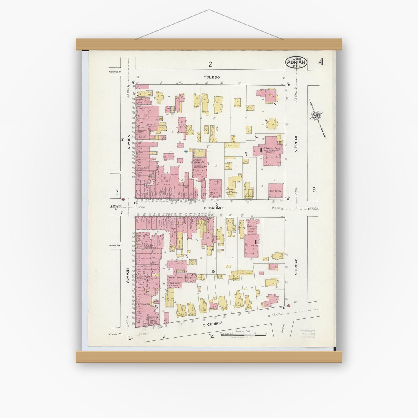Old map wall art mockup — magnetic wood frame on white wall — Sanborn Fire Insurance Map from Adrian, Lenawee County, Michigan (1916), Sheet #0004