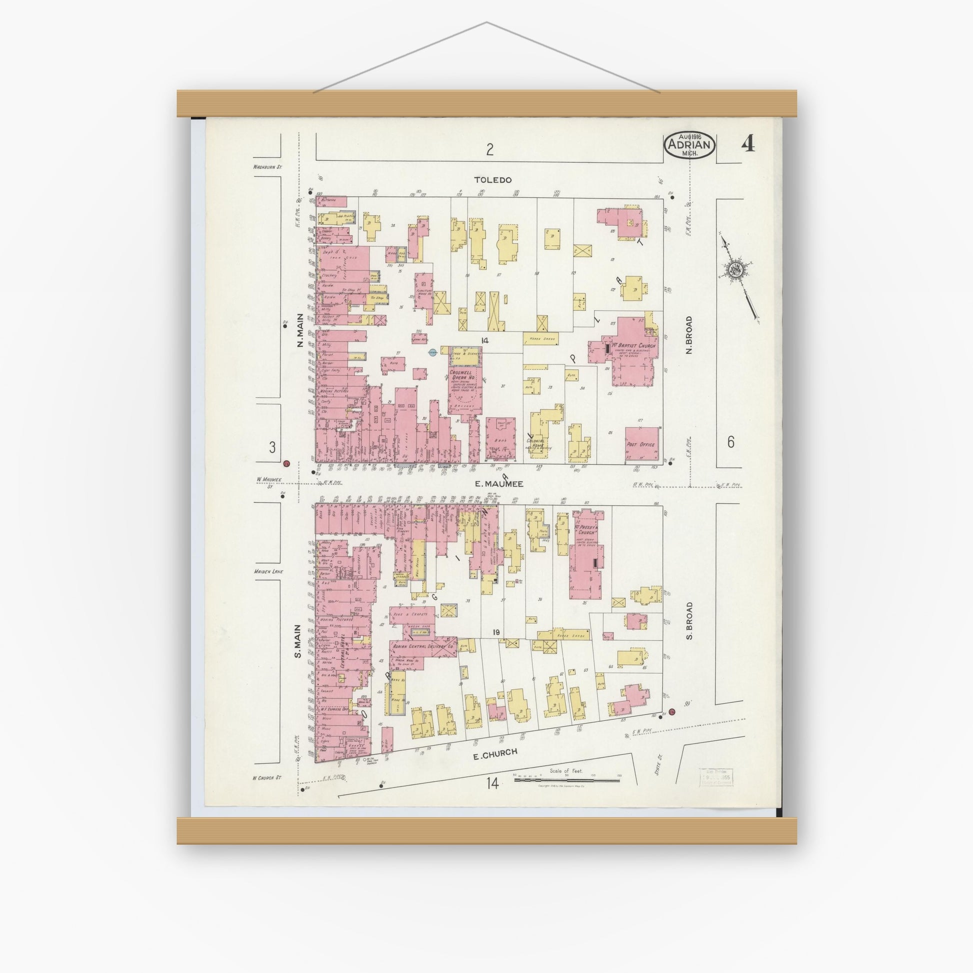 Old map wall art mockup — magnetic wood frame on white wall — Sanborn Fire Insurance Map from Adrian, Lenawee County, Michigan (1916), Sheet #0004