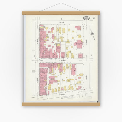 Old map wall art mockup — magnetic wood frame on white wall — Sanborn Fire Insurance Map from Adrian, Lenawee County, Michigan (1916), Sheet #0004
