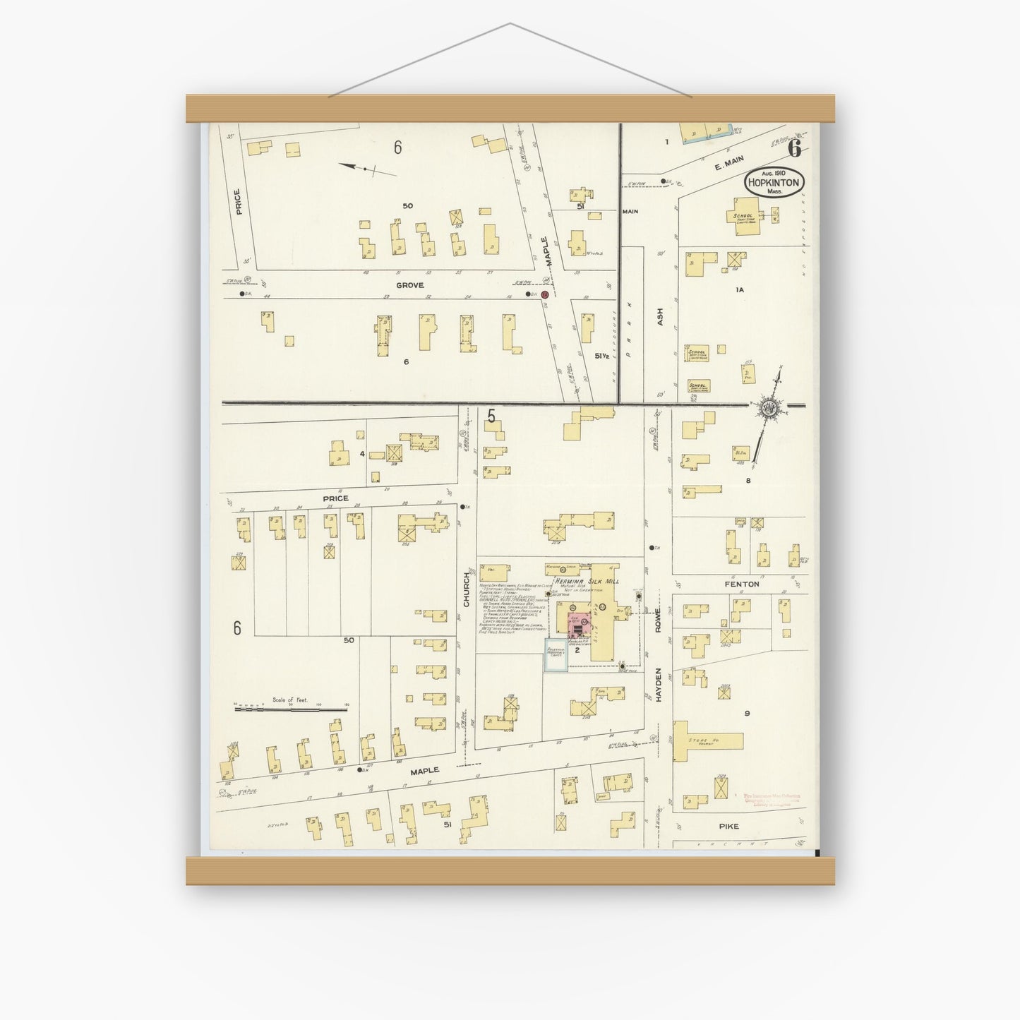 Old map wall art mockup — magnetic wood frame on white wall — Sanborn Fire Insurance Map from Hopkinton, Middlesex County, Massachusetts (1910), Sheet #0006