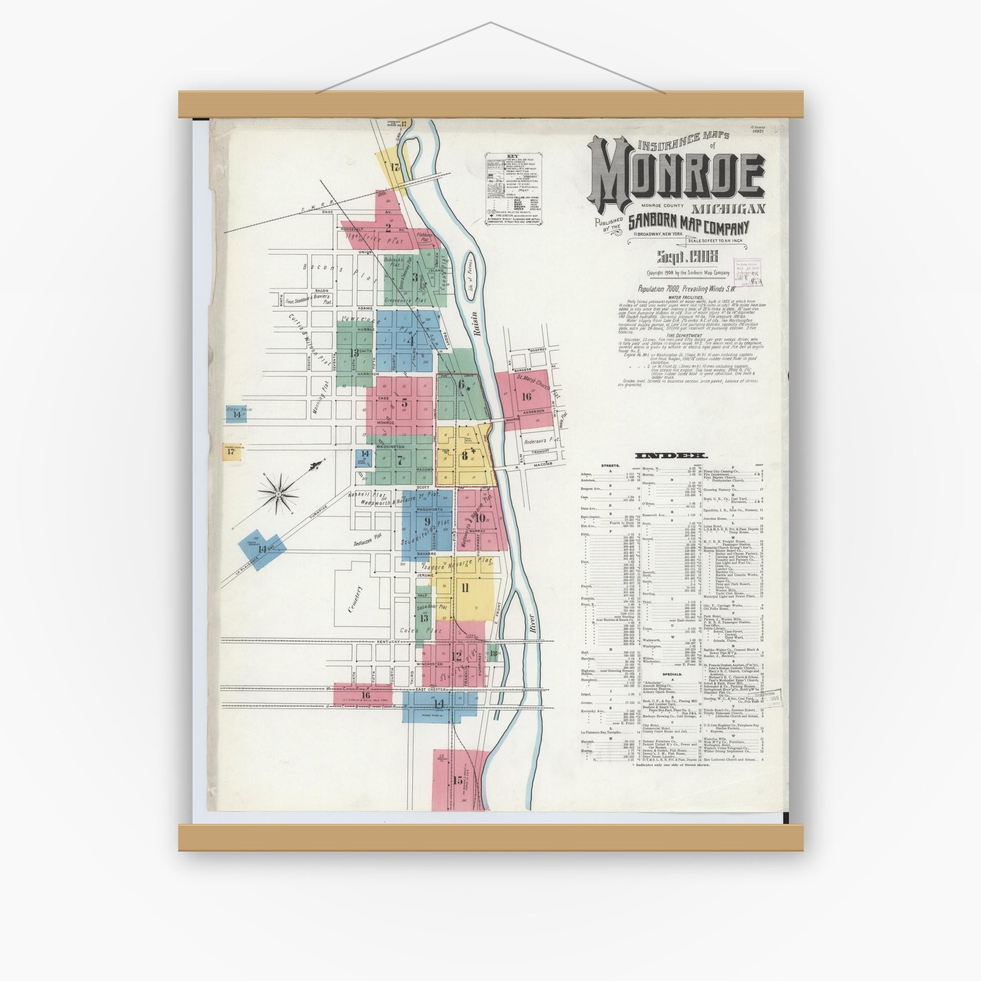 Old map wall art mockup — magnetic wood frame on white wall — Sanborn Fire Insurance Map from Monroe, Monroe County, Michigan (1908) - Complete Map Set