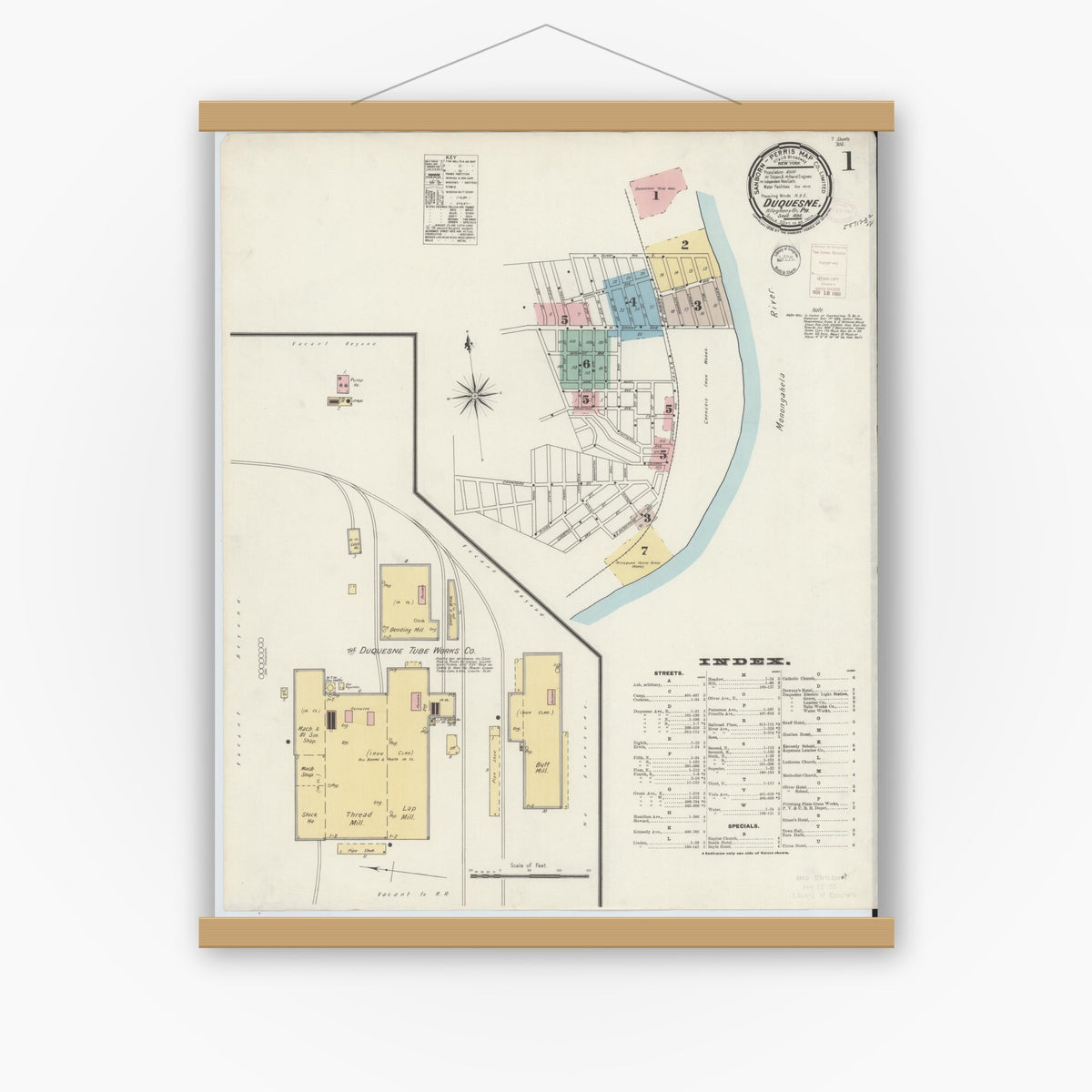 Old map wall art mockup — magnetic wood frame on white wall — Sanborn Fire Insurance Map from Duquesne, Allegheny County, Pennsylvania (1896), Sheet #0001