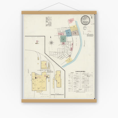 Old map wall art mockup — magnetic wood frame on white wall — Sanborn Fire Insurance Map from Duquesne, Allegheny County, Pennsylvania (1896), Sheet #0001