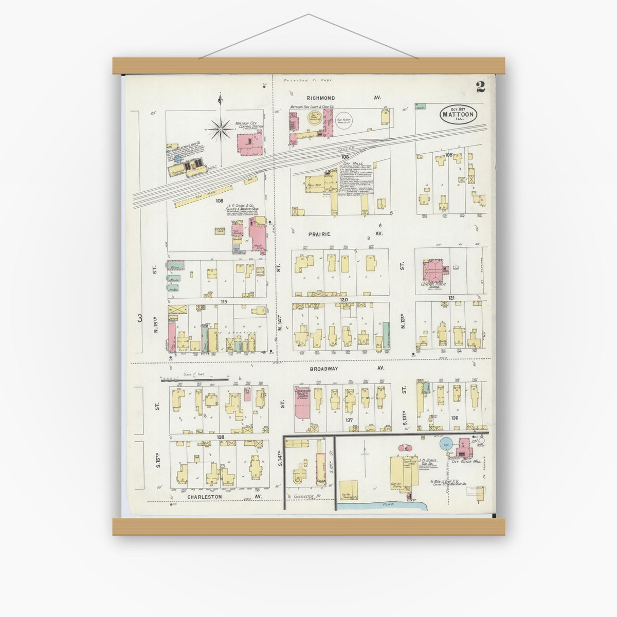 Old map wall art mockup — magnetic wood frame on white wall — Sanborn Fire Insurance Map from Mattoon, Coles County, Illinois (1897), Sheet #0002