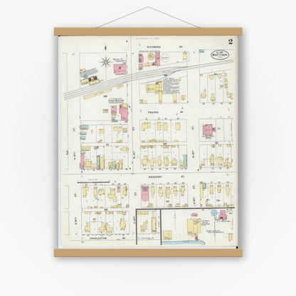 Old map wall art mockup — magnetic wood frame on white wall — Sanborn Fire Insurance Map from Mattoon, Coles County, Illinois (1897), Sheet #0002