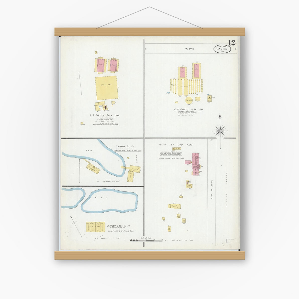 Old map wall art mockup — magnetic wood frame on white wall — Sanborn Fire Insurance Map from Canton, Fulton County, Illinois (1902), Sheet #0012