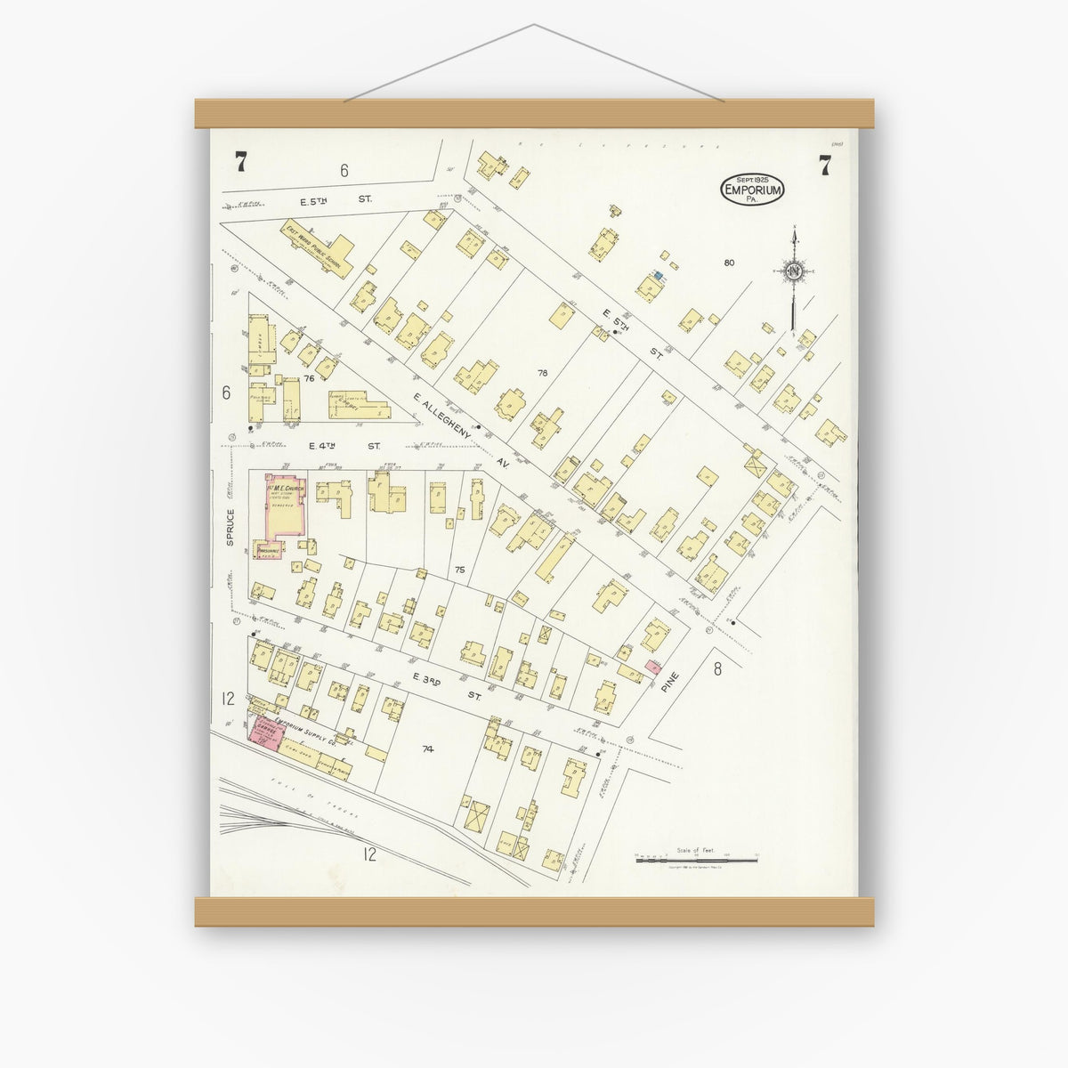 Old map wall art mockup — magnetic wood frame on white wall — Sanborn Fire Insurance Map from Emporium, Cameron County, Pennsylvania (1925), Sheet #0007