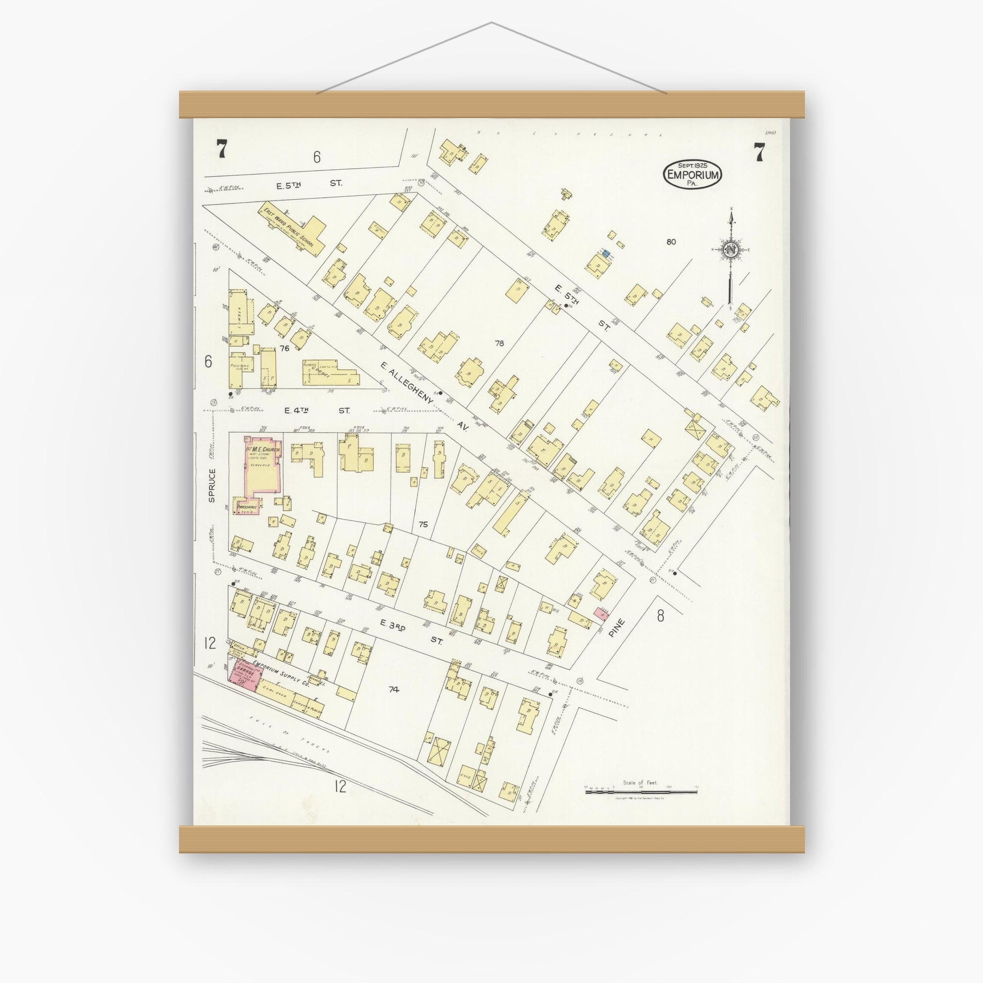Old map wall art mockup — magnetic wood frame on white wall — Sanborn Fire Insurance Map from Emporium, Cameron County, Pennsylvania (1925), Sheet #0007