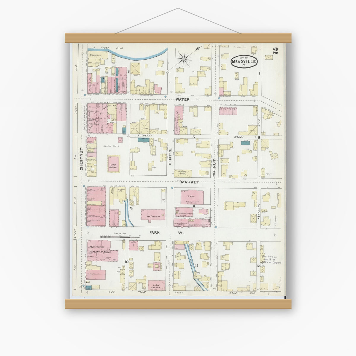 Old map wall art mockup — magnetic wood frame on white wall — Sanborn Fire Insurance Map from Meadville, Crawford County, Pennsylvania (1891), Sheet #0002