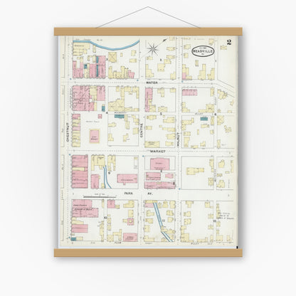 Old map wall art mockup — magnetic wood frame on white wall — Sanborn Fire Insurance Map from Meadville, Crawford County, Pennsylvania (1891), Sheet #0002