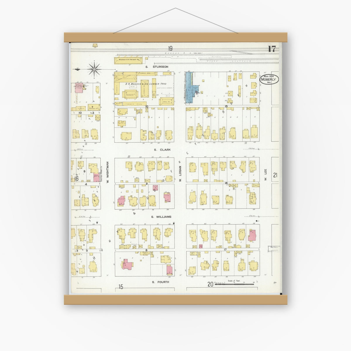 Old map wall art mockup — magnetic wood frame on white wall — Sanborn Fire Insurance Map from Moberly, Randolph County, Missouri (1909), Sheet #0017