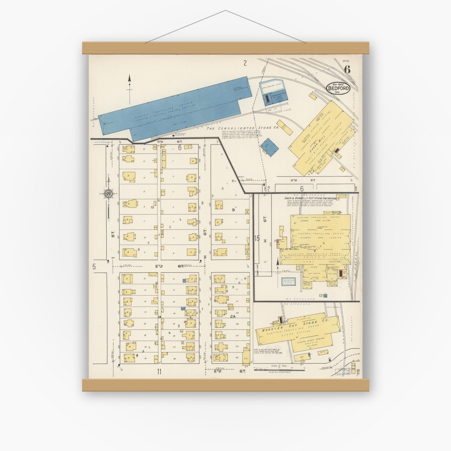 Old map wall art mockup — magnetic wood frame on white wall — Sanborn Fire Insurance Map from Bedford, Lawrence County, Indiana (1922), Sheet #0006