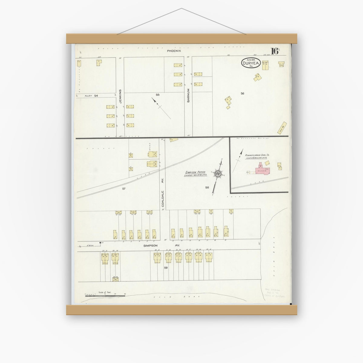Old map wall art mockup — magnetic wood frame on white wall — Sanborn Fire Insurance Map from Duryea, Luzerne County, Pennsylvania (1914), Sheet #0016