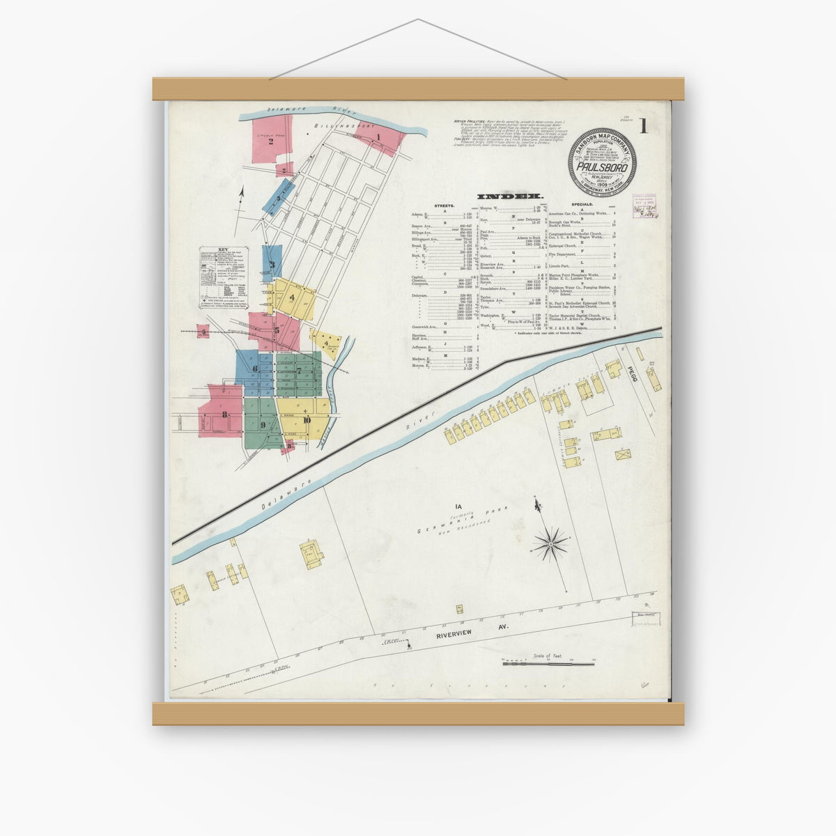 Old map wall art mockup — magnetic wood frame on white wall — Sanborn Fire Insurance Map from Paulsboro, Gloucester County, New Jersey (1909), Sheet #0001