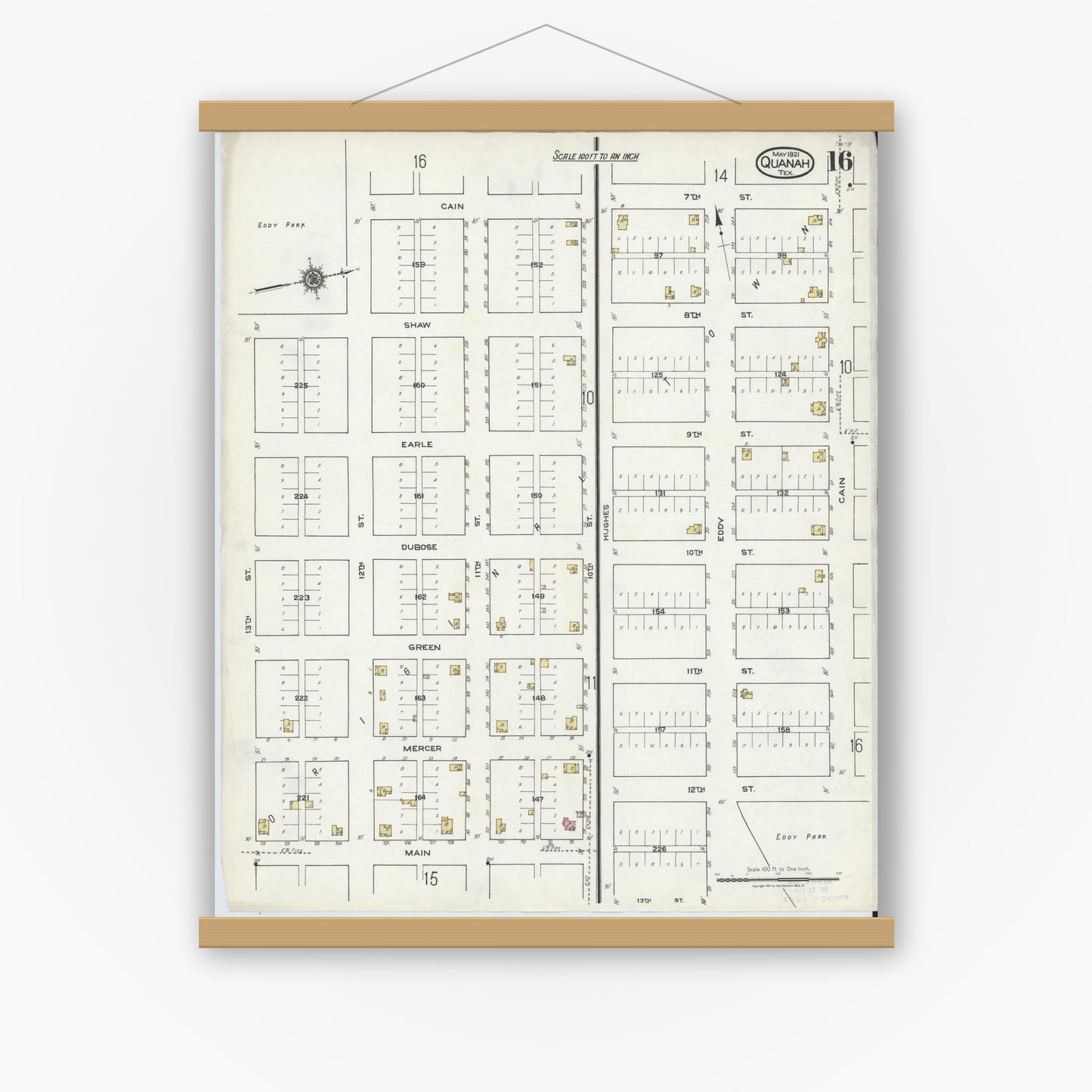 Old map wall art mockup — magnetic wood frame on white wall — Sanborn Fire Insurance Map from Quanah, Hardeman County, Texas (1921), Sheet #0016