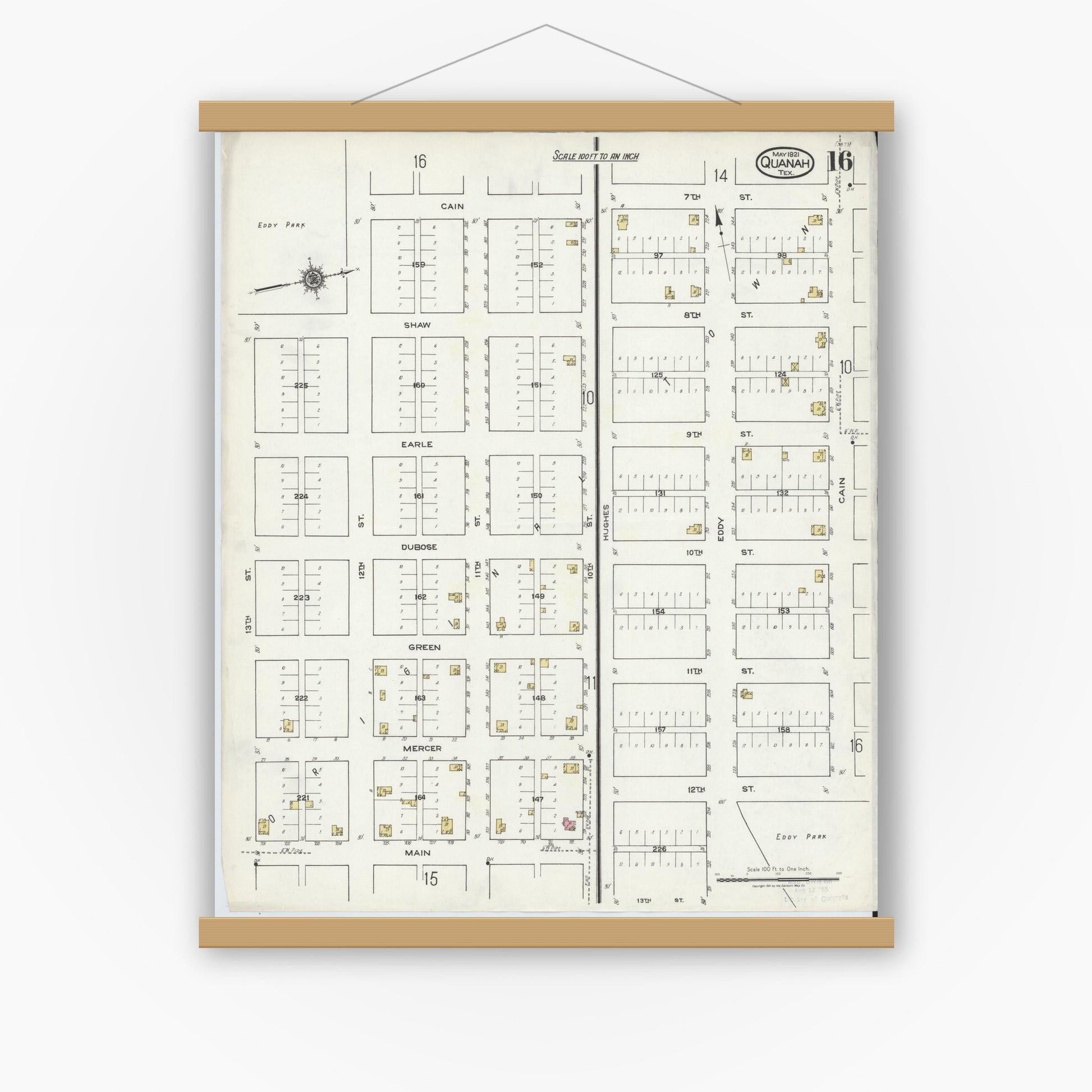 Old map wall art mockup — magnetic wood frame on white wall — Sanborn Fire Insurance Map from Quanah, Hardeman County, Texas (1921), Sheet #0016