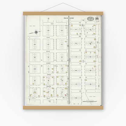 Old map wall art mockup — magnetic wood frame on white wall — Sanborn Fire Insurance Map from Quanah, Hardeman County, Texas (1921), Sheet #0016