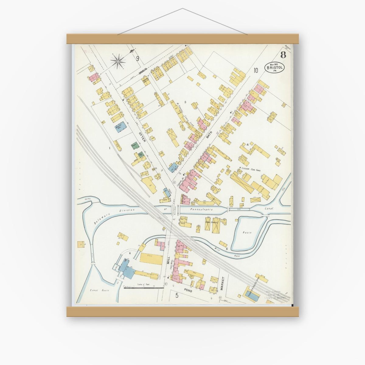 Old map wall art mockup — magnetic wood frame on white wall — Sanborn Fire Insurance Map from Bristol, Bucks County, Pennsylvania (1903), Sheet #0008