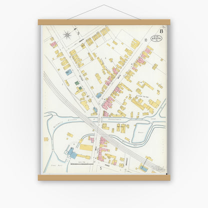 Old map wall art mockup — magnetic wood frame on white wall — Sanborn Fire Insurance Map from Bristol, Bucks County, Pennsylvania (1903), Sheet #0008