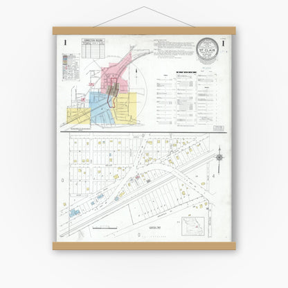 Old map wall art mockup — magnetic wood frame on white wall — Sanborn Fire Insurance Map from Saint Clair, Franklin County, Missouri (1950) - Complete Map Set